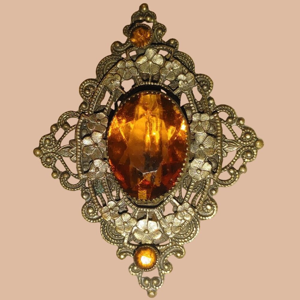 Antique Victorian Brass Filigree Brooch Yellow Orange Amber Colored Glass